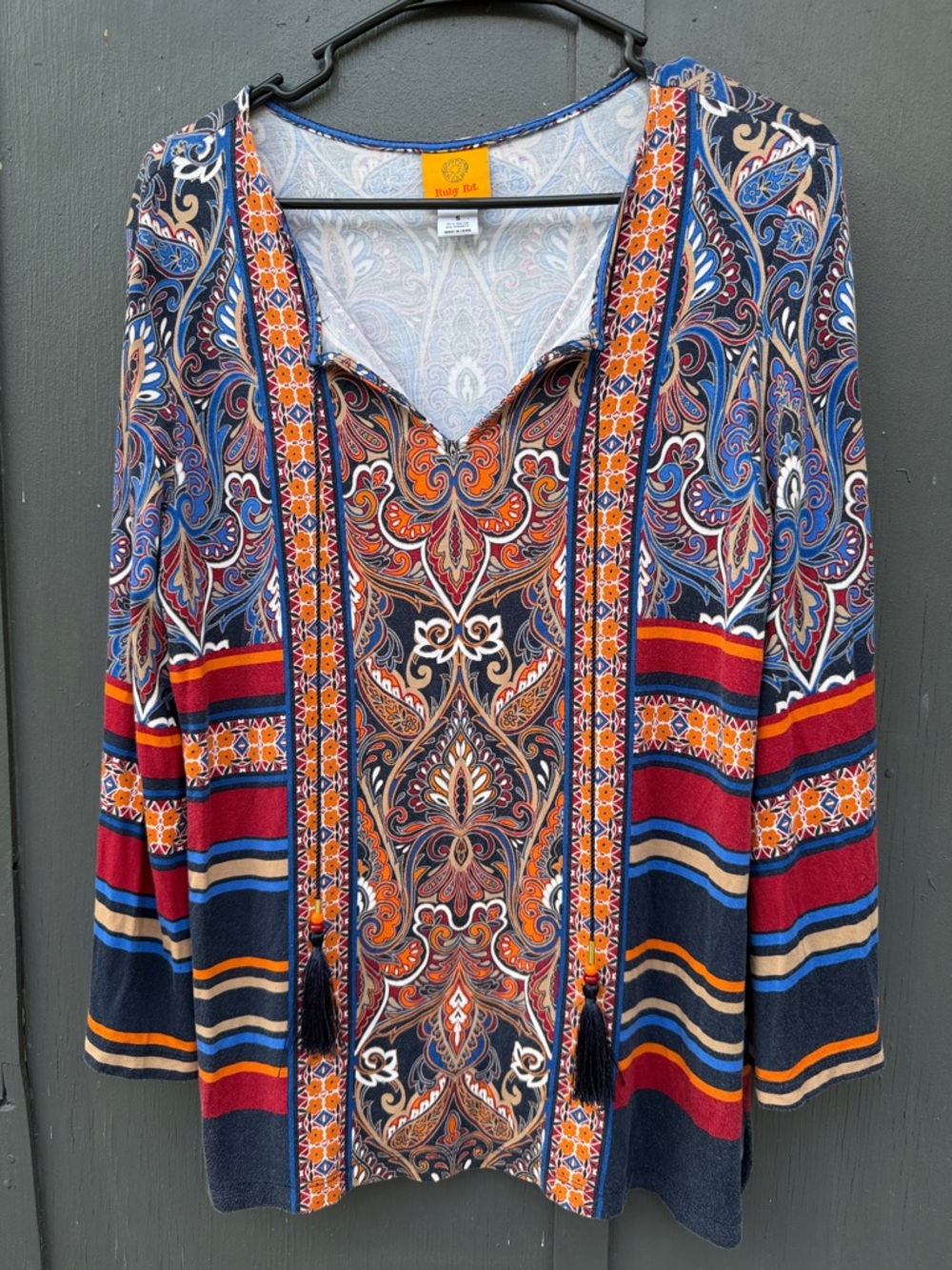 Ruby Rd. Navy, Red & Orange Paisley Stripe Tassel Tunic